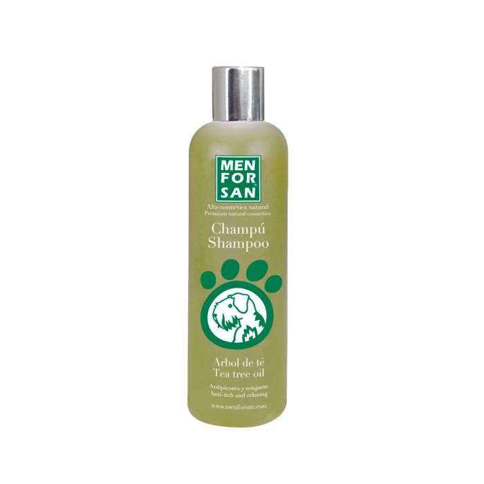Botella de Champú Menforsan con Árbol del Té para aliviar picores en perros.