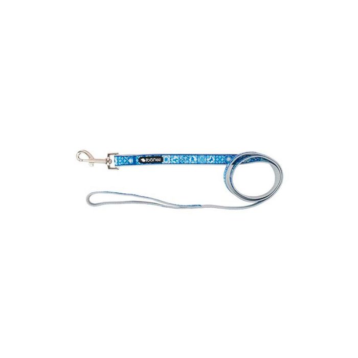 Correa de nylon para perro de la marca Ibáñez con estampado de mosaico azul, asa de color gris y mosquetón metálico.