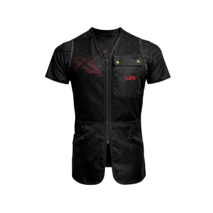 Frontal del chaleco de adiestramiento canino X-OTIK Packleader Mesh+ en color negro con logotipo rojo, mostrando bolsillos y cremallera