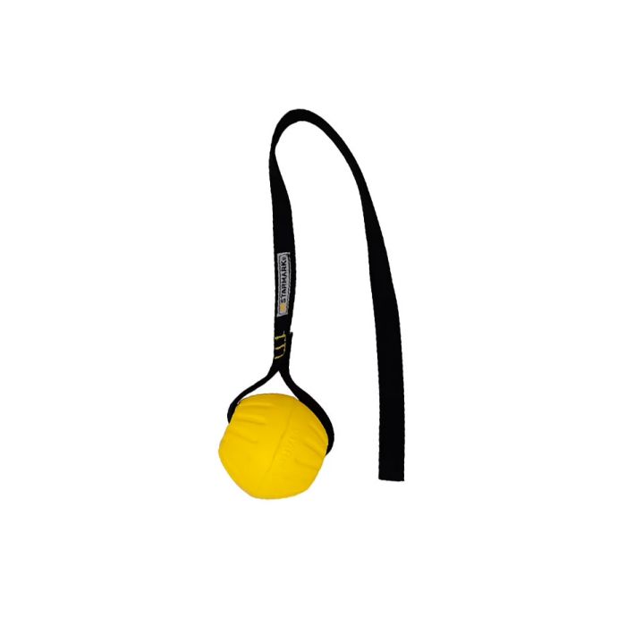 Pelota amarilla Durafoam de Starmark con cuerda negra de agarre para entrenamiento de perros