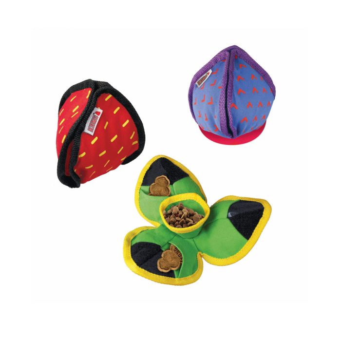 Kong Ballistic Hide N Treat surtido en varias formas cerrado en colores rojo y azul, y abierto en color verde mostrando pienso en sus bolsillos internos de velcro