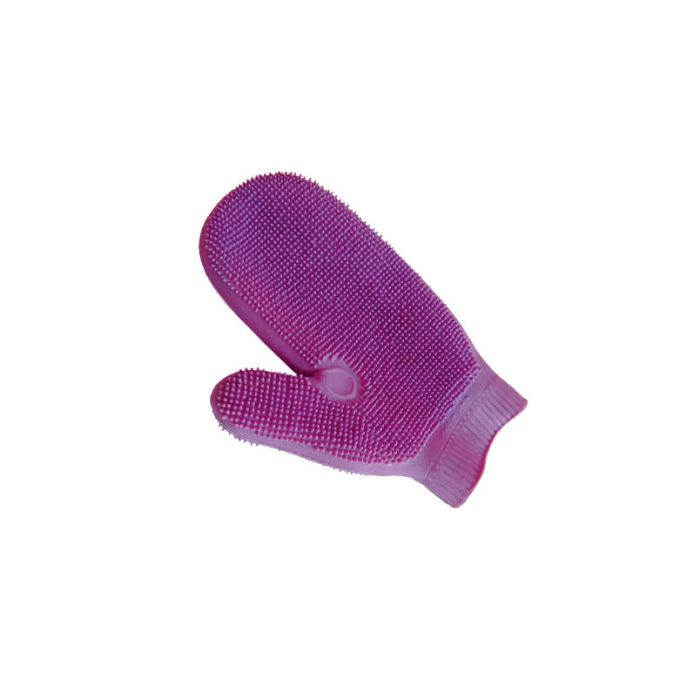 Manopla de látex Ibáñez de color morado para cepillar y dar brillo al pelo de perros de manto corto.