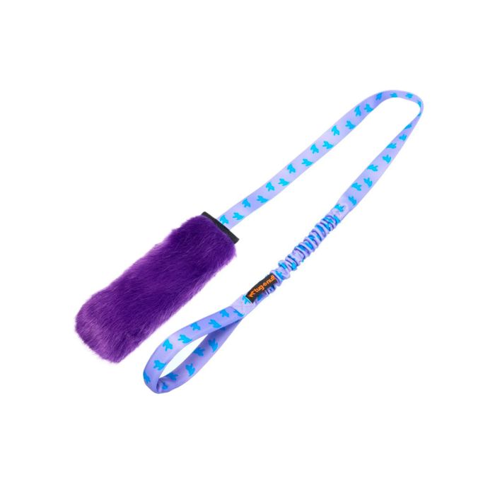 Mordedor de entrenamiento canino Tug-E-Nuff largo con piel sintética morada y asa azul