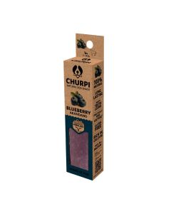 Caja frontal del empaque Churpi sabor arándano, masticable de queso de yak para perros destacando su composición 100% natural