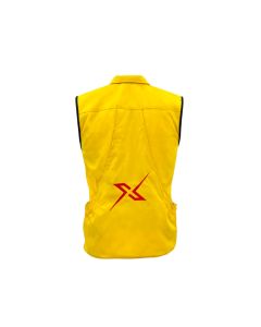 Vista trasera del chaleco X-OTIK Packleader+ amarillo destacando el logo rojo y bolsillo trasero