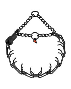 Collar de adiestramiento canino HS Sprenger Ultra-Plus en acero inoxidable negro con cierre de seguridad ClicLock, protector negro, placa central y cadena pasante con tope de tracción