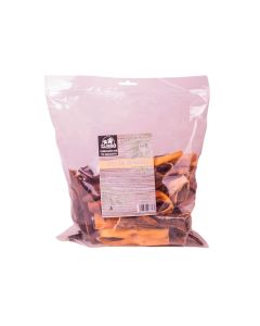 Envase industrial de 1 kg de piel de venado para perros Quibro en bolsa transparente con etiqueta de composición nutricional