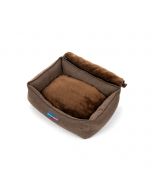 Cama nido ThermoSwitch MYKONOS para perro, en color marrón, con borde elevado, tecnología de reflexión térmica y manta de borreguito plegada.