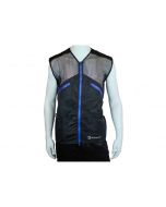 Vista frontal y trasera del chaleco de malla para adiestramiento canino Sporthund en color negro y azul.