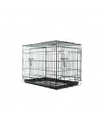 Jaula metálica plegable de alta seguridad marca Ibáñez, de color negro, con doble puerta y bandeja extraíble para perros.