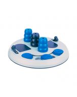 Juego de inteligencia para perros Trixie Flip Board XXL con conos, tapas deslizantes y tapas abatibles en tonos azules y negros sobre fondo blanco.