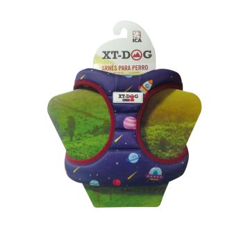Arnés para perro marca XT-DOG modelo planetas color violeta con ribete granate en su embalaje de cartón original.