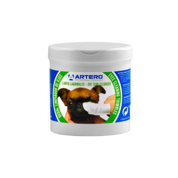 Bote de Artero Limpia Lagrimales Eye Tear Cleanser con imagen de perro pug siendo limpiado