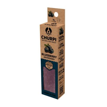 Caja frontal del empaque Churpi sabor arándano, masticable de queso de yak para perros destacando su composición 100% natural