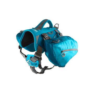 Mochila para perro Kurgo Baxter de color azul turquesa, mostrando el arnés ergonómico y las alforjas laterales.