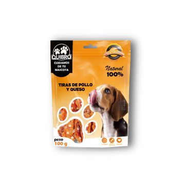 Envase frontal de bolsa 100g de tiras de pollo y queso Quibro para perros