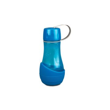 Botella bebedero azul You&Me de Ibáñez para perro y dueño, con el cuenco de silicona extraíble acoplado en la base.