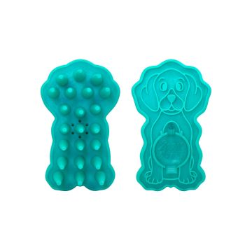 Cepillo de goma Kong ZoomGroom Bubbles verde con dientes masajeadores vista frontal y trasera.