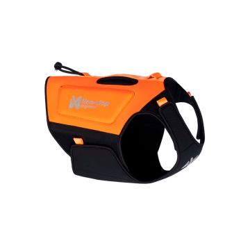 Chaleco de neopreno naranja y negro Non-stop dogwear Protector para perro, visto de perfil sobre un fondo blanco.