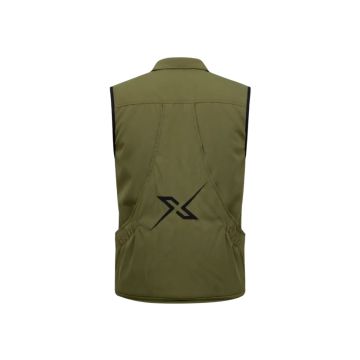 Vista trasera del chaleco de adiestramiento X-OTIK PackLeader+ verde mostrando el bolsillo magnético y el logo X.