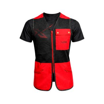 Vista frontal del chaleco de adiestramiento canino X-OTIK PackLeader Mesh+ rojo con paneles de malla y bolsillos con cremallera