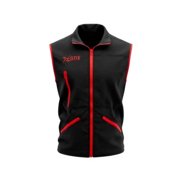 Vista frontal del chaleco de adiestramiento técnico X-OTIK PackLeader++ en color negro con cremalleras rojas