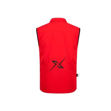Vista trasera del chaleco rojo de guía canino X-OTIK Packleader+ mostrando el bolsillo magnético y el logo en X