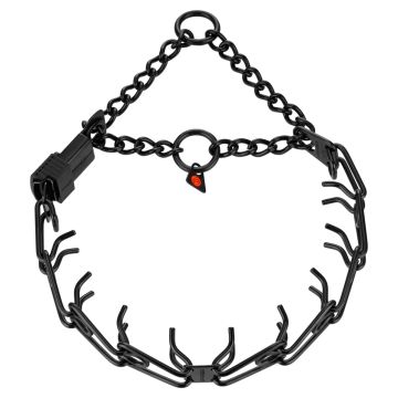 Collar de adiestramiento canino HS Sprenger Ultra-Plus en acero inoxidable negro con cierre de seguridad ClicLock, protector negro, placa central y cadena pasante con tope de tracción