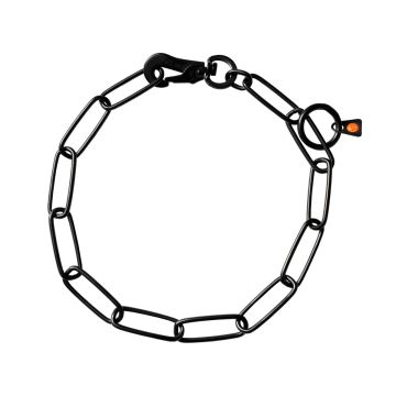 Collar SPRENGER de eslabón largo ajustable en acero inoxidable negro con mosquetón de seguridad sobre fondo gris.