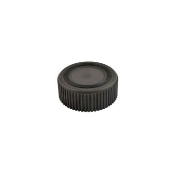 Vista inferior de la base del comedero de bambú Nayeco Cupcake de color negro, mostrando en primer plano el anillo de goma negra antideslizante y el relieve estriado del contorno exterior