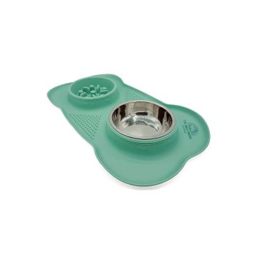 Comedero doble lento Onlyfresh Dinner Set de silicona color menta con un cuenco de acero inoxidable extraíble y tapete antideslizante.