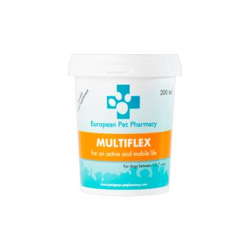Protege las articulaciones de tu perro con los comprimidos Multiflex. Dosis precisa de Glucosamina, MSM y Mejillón de Labio Verde. ¡Mantén su vida activa!