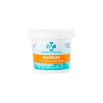 Bote de 140g del suplemento para articulaciones Multiflex para perros de European Pet Pharmacy.
