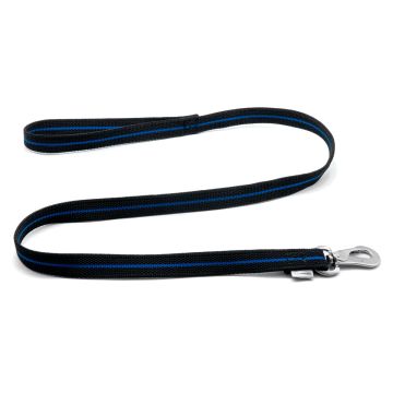 Correa engomada para perro HS Sprenger Blue Line negra con línea azul, ancho 19mm, con asa y mosquetón plateado