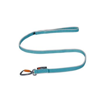 Correa elástica Non-stop dogwear Bungee leash color ice blue extendida mostrando costuras reforzadas y el mosquetón Twistlock naranja y gris
