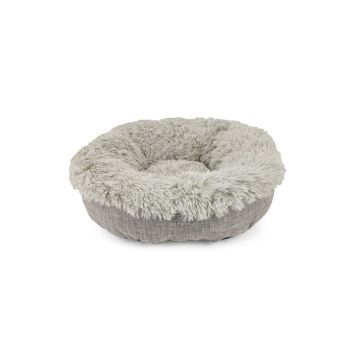 Cuna para perro Elegance de Nayeco color gris con interior de pelo largo y exterior de lino.