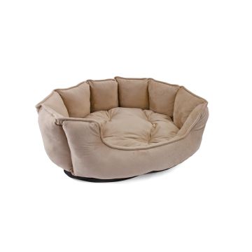 Cuna Luxe de Nayeco en color visón (beige), de forma octogonal y material afelpado, con cojines acolchados y base antideslizante.