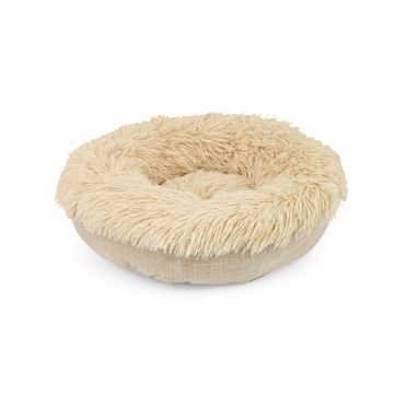 Cuna para perro Elegance de 65 cm en color beige, con interior de pelo largo calmante y exterior de lino.