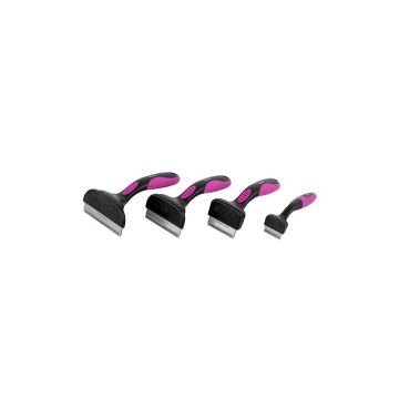 Gama de cuatro tamaños del deslanador Ibañez Pet Vaciator con mango ergonómico morado y negro y cabezal de acero.