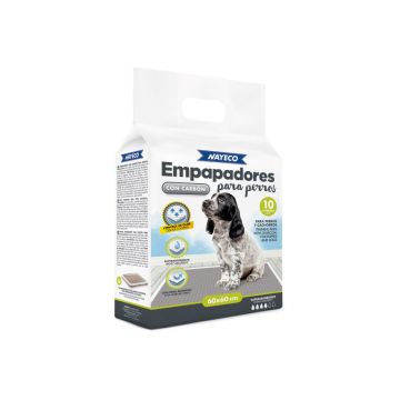 Envase de empapadores Nayeco para perros con carbón activo de 60x60 centímetros en pack de 10 unidades, mostrando un cachorro en el frontal y especificaciones de absorción