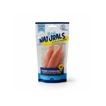 Packaging frontal de Fresh Naturals Pechuga de Pollo Tierna mostrando las tiras de carne a través de la ventana transparente
