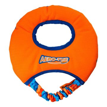 Frisbee mordedor naranja y azul Tug-E-Nuff Aero-Tug con asa elástica bungee sobre fondo blanco