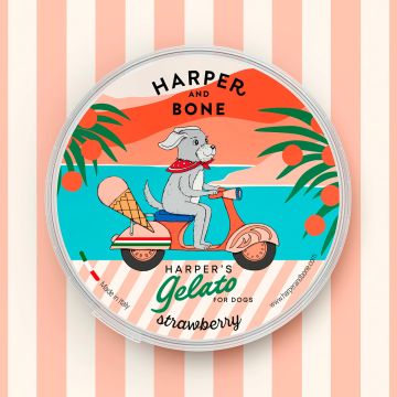 Tarrina de helado para perros Harper and Bone sabor fresa con ilustración de perro en moto