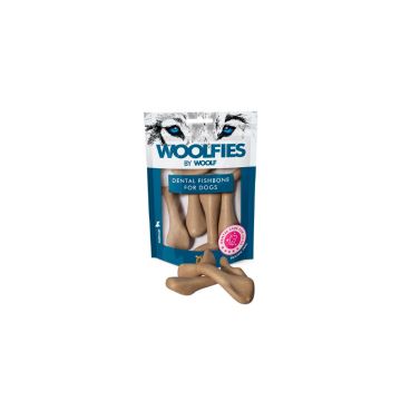 Bolsa con cierre zip de huesos dentales para perros medianos Woolfies Dental Fishbone 200g y snacks con forma de espina de pescado
