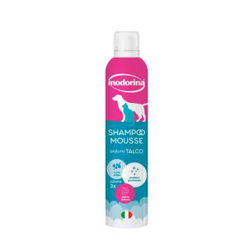 Inodorina Champú Mousse Talco 300 ml – Champú sin agua con aroma a talco, para limpieza rápida de perros, gatos y cachorros – Zona K9