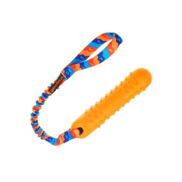 Juguete para perro 3 en 1 Tug-E-Nuff Bob, con mordedor de goma naranja y asa elástica bungee de colores.