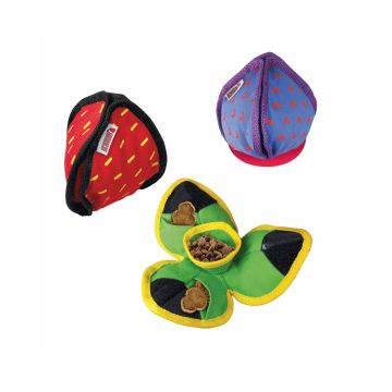 Kong Ballistic Hide N Treat surtido en varias formas cerrado en colores rojo y azul, y abierto en color verde mostrando pienso en sus bolsillos internos de velcro