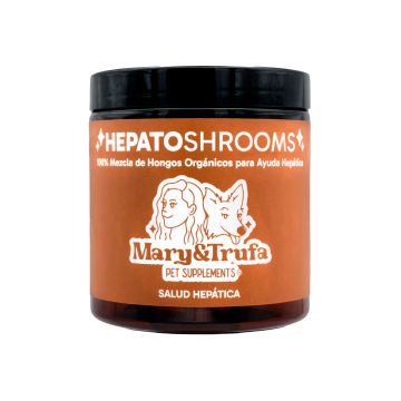 Bote frontal del suplemento en polvo Mary&Trufa HepatoShrooms 75g con etiqueta marrón para salud hepática de mascotas