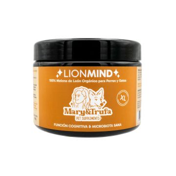 Bote de suplemento Mary&Trufa Lionmind 150g Melena de León Orgánico para Perros y Gatos con etiqueta color mostaza sobre fondo negro