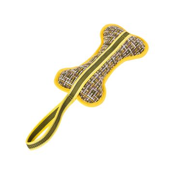 Mordedor tirador con forma de hueso marca XT-DOG para perros. Muestra trama entretejida marrón y verde con bordes y asa de nylon amarillo.